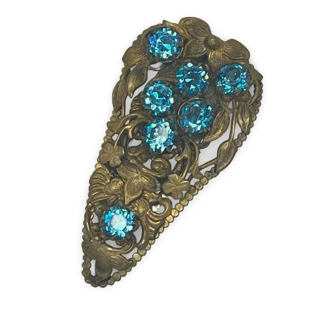Antique Brass Blue Floral Dress Clip